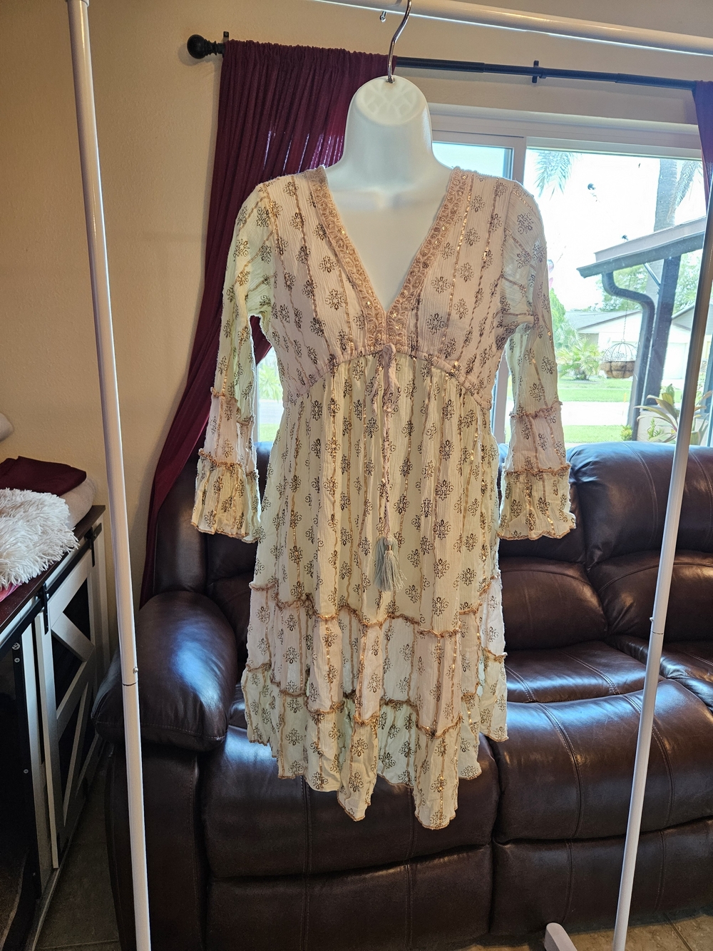 Ananta Boho Tiered Floral V-Neck Dress in Cream and Blush